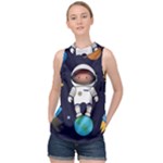 Boy Spaceman Space Rocket Ufo Planets Stars High Neck Satin Top