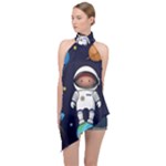 Boy Spaceman Space Rocket Ufo Planets Stars Halter Asymmetric Satin Top