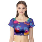 Cartoon Funny Aliens With Ufo Duck Starry Sky Set Short Sleeve Crop Top
