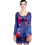 Cartoon Funny Aliens With Ufo Duck Starry Sky Set Long Sleeve Bodycon Dress