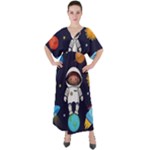 Boy Spaceman Space Rocket Ufo Planets Stars V-Neck Boho Style Maxi Dress