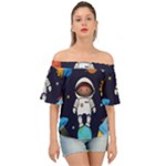 Boy Spaceman Space Rocket Ufo Planets Stars Off Shoulder Short Sleeve Top