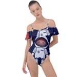 Boy Spaceman Space Rocket Ufo Planets Stars Frill Detail One Piece Swimsuit