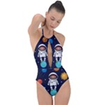 Boy Spaceman Space Rocket Ufo Planets Stars Plunge Cut Halter Swimsuit