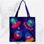 Cartoon Funny Aliens With Ufo Duck Starry Sky Set Zipper Grocery Tote Bag