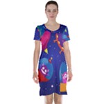 Cartoon Funny Aliens With Ufo Duck Starry Sky Set Short Sleeve Nightdress