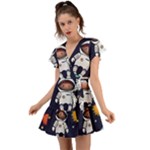 Boy Spaceman Space Rocket Ufo Planets Stars Flutter Sleeve Wrap Dress