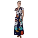 Boy Spaceman Space Rocket Ufo Planets Stars Flutter Sleeve Maxi Dress