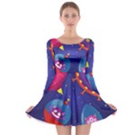 Cartoon Funny Aliens With Ufo Duck Starry Sky Set Long Sleeve Skater Dress