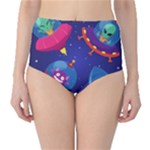 Cartoon Funny Aliens With Ufo Duck Starry Sky Set Classic High-Waist Bikini Bottoms