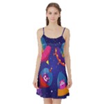Cartoon Funny Aliens With Ufo Duck Starry Sky Set Satin Night Slip