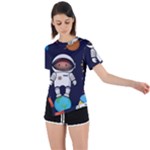 Boy Spaceman Space Rocket Ufo Planets Stars Asymmetrical Short Sleeve Sports T-Shirt