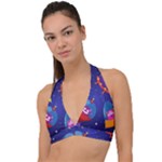 Cartoon Funny Aliens With Ufo Duck Starry Sky Set Halter Plunge Bikini Top