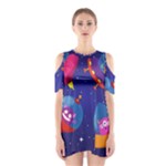 Cartoon Funny Aliens With Ufo Duck Starry Sky Set Shoulder Cutout One Piece Dress