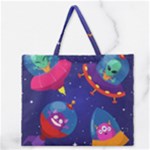 Cartoon Funny Aliens With Ufo Duck Starry Sky Set Zipper Large Tote Bag