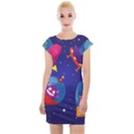 Cartoon Funny Aliens With Ufo Duck Starry Sky Set Cap Sleeve Bodycon Dress