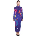 Cartoon Funny Aliens With Ufo Duck Starry Sky Set Turtleneck Maxi Dress
