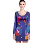 Cartoon Funny Aliens With Ufo Duck Starry Sky Set Long Sleeve Velvet Bodycon Dress