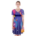 Cartoon Funny Aliens With Ufo Duck Starry Sky Set Short Sleeve V-neck Flare Dress