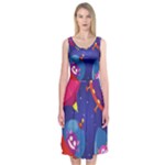 Cartoon Funny Aliens With Ufo Duck Starry Sky Set Midi Sleeveless Dress