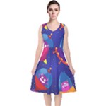 Cartoon Funny Aliens With Ufo Duck Starry Sky Set V-Neck Midi Sleeveless Dress 