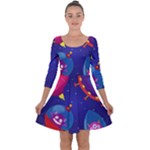 Cartoon Funny Aliens With Ufo Duck Starry Sky Set Quarter Sleeve Skater Dress