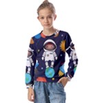 Boy Spaceman Space Rocket Ufo Planets Stars Kids  Long Sleeve T-Shirt with Frill 