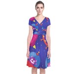 Cartoon Funny Aliens With Ufo Duck Starry Sky Set Short Sleeve Front Wrap Dress