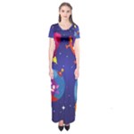 Cartoon Funny Aliens With Ufo Duck Starry Sky Set Short Sleeve Maxi Dress