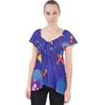 Cartoon Funny Aliens With Ufo Duck Starry Sky Set Lace Front Dolly Top