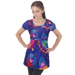Cartoon Funny Aliens With Ufo Duck Starry Sky Set Puff Sleeve Tunic Top