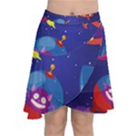 Cartoon Funny Aliens With Ufo Duck Starry Sky Set Chiffon Wrap Front Skirt