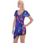 Cartoon Funny Aliens With Ufo Duck Starry Sky Set Short Sleeve Asymmetric Mini Dress