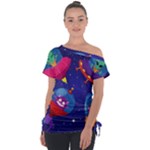 Cartoon Funny Aliens With Ufo Duck Starry Sky Set Off Shoulder Tie-Up T-Shirt