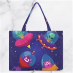 Cartoon Funny Aliens With Ufo Duck Starry Sky Set Zipper Medium Tote Bag