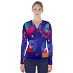 Cartoon Funny Aliens With Ufo Duck Starry Sky Set V-Neck Long Sleeve Top