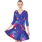 Cartoon Funny Aliens With Ufo Duck Starry Sky Set Quarter Sleeve Front Wrap Dress