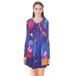 Cartoon Funny Aliens With Ufo Duck Starry Sky Set Long Sleeve V-neck Flare Dress