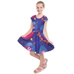 Cartoon Funny Aliens With Ufo Duck Starry Sky Set Kids  Short Sleeve Dress