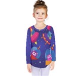 Cartoon Funny Aliens With Ufo Duck Starry Sky Set Kids  Long Sleeve T-Shirt