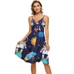 Boy Spaceman Space Rocket Ufo Planets Stars Sleeveless Tie Front Chiffon Dress