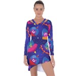 Cartoon Funny Aliens With Ufo Duck Starry Sky Set Asymmetric Cut-Out Shift Dress