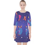 Cartoon Funny Aliens With Ufo Duck Starry Sky Set Quarter Sleeve Pocket Dress