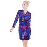 Cartoon Funny Aliens With Ufo Duck Starry Sky Set Button Long Sleeve Dress