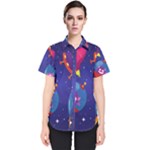 Cartoon Funny Aliens With Ufo Duck Starry Sky Set Women s Short Sleeve Shirt