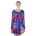 Cartoon Funny Aliens With Ufo Duck Starry Sky Set Long Sleeve Velvet V-neck Dress