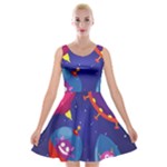 Cartoon Funny Aliens With Ufo Duck Starry Sky Set Velvet Skater Dress