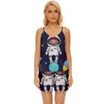 Boy Spaceman Space Rocket Ufo Planets Stars V-Neck Satin Pajamas Set