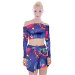 Cartoon Funny Aliens With Ufo Duck Starry Sky Set Off Shoulder Top with Mini Skirt Set