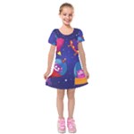 Cartoon Funny Aliens With Ufo Duck Starry Sky Set Kids  Short Sleeve Velvet Dress